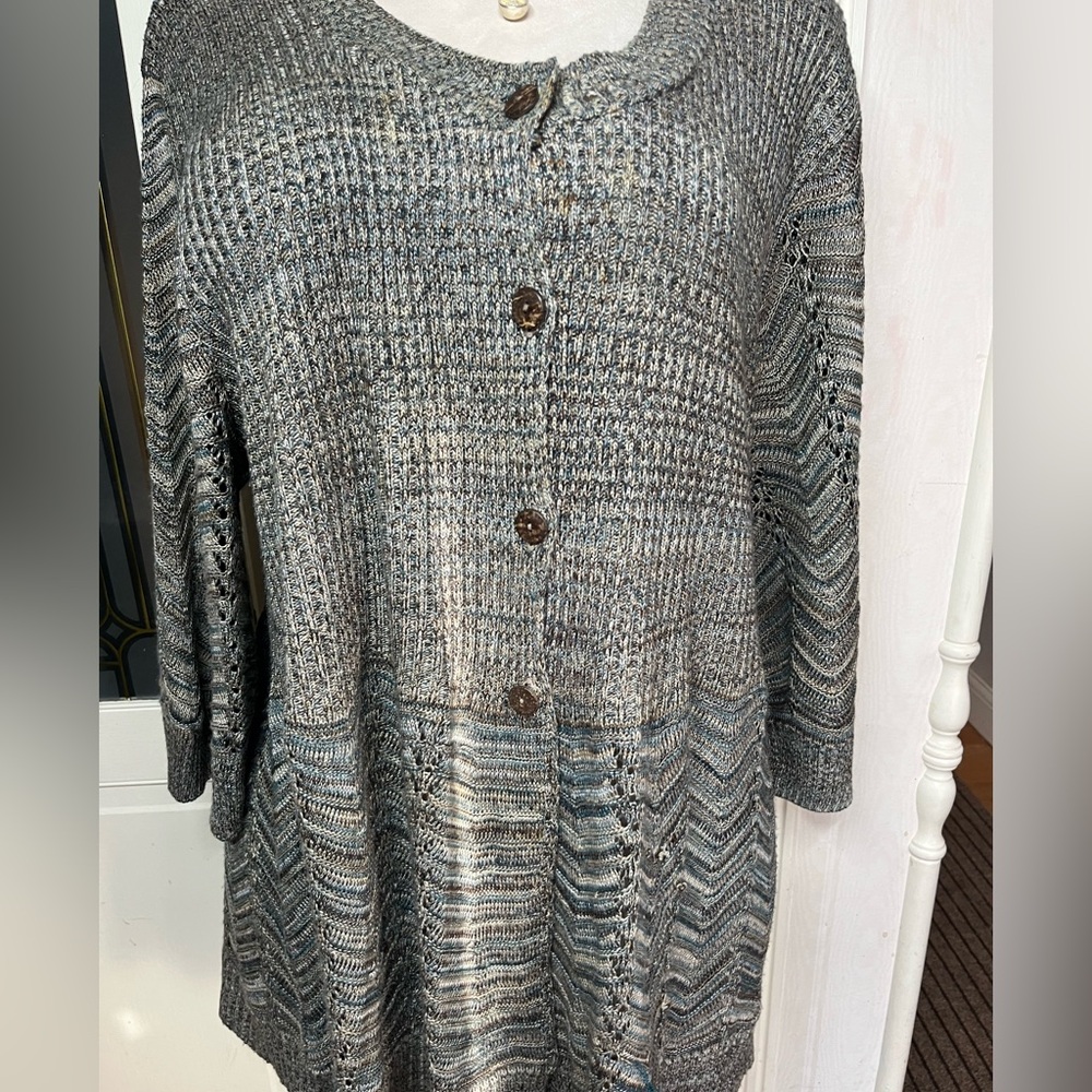 CJ Banks Y2K 3X Marled Chevron Knit Cardigan Blue Gray Boho Tunic Sweater